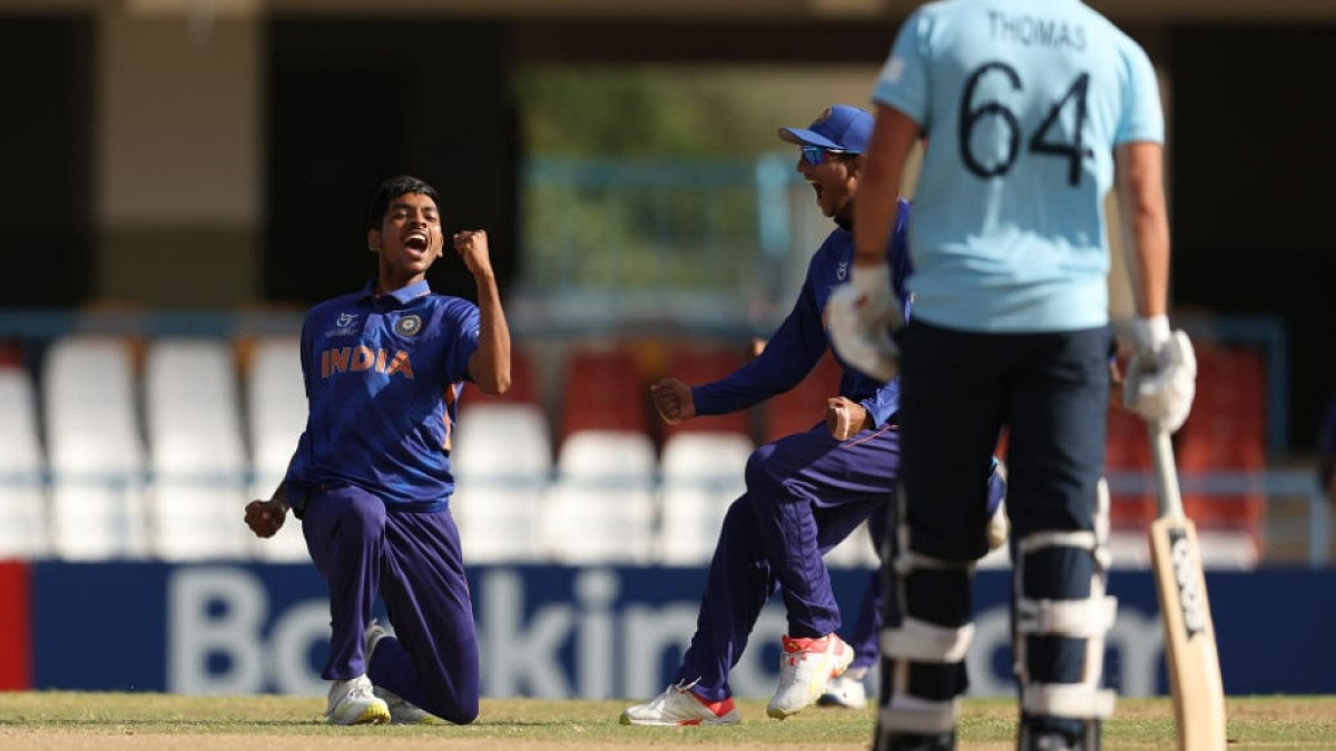 India's Ravi Kumar celebrates after taking a England wicket in the ICC U-19 World Cup 2022 final.