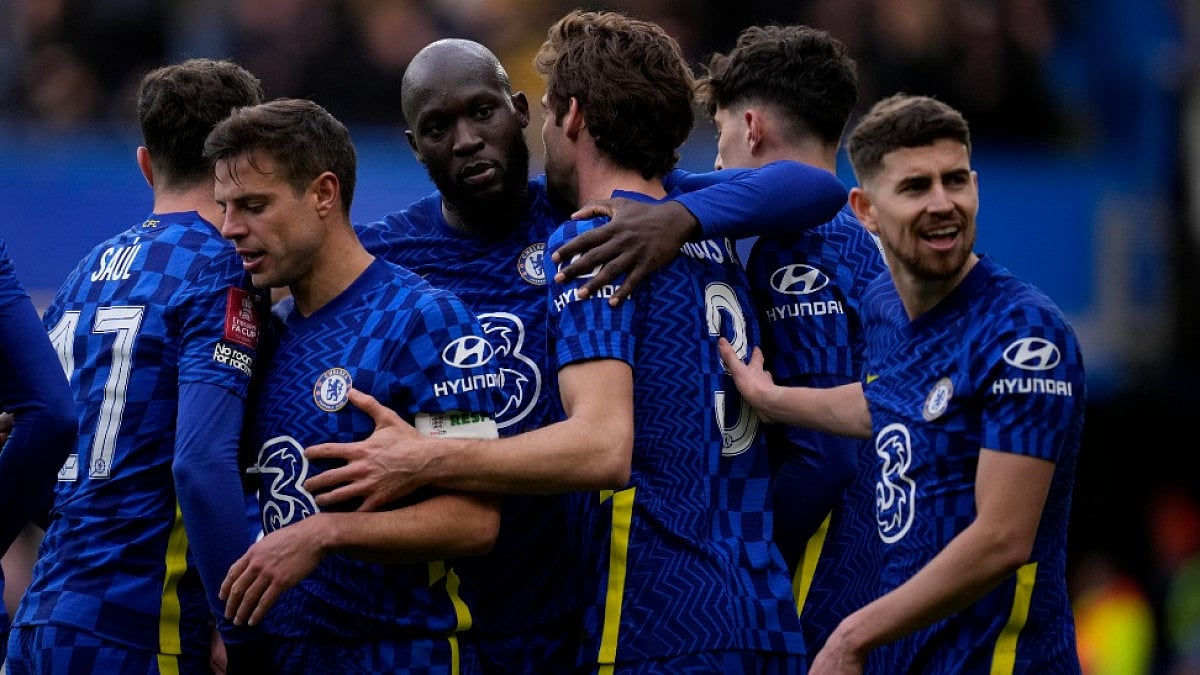 Chelsea's Marcos Alonso celebrates after scoring against Plymouth Argyle in FA Cup 2021-22.