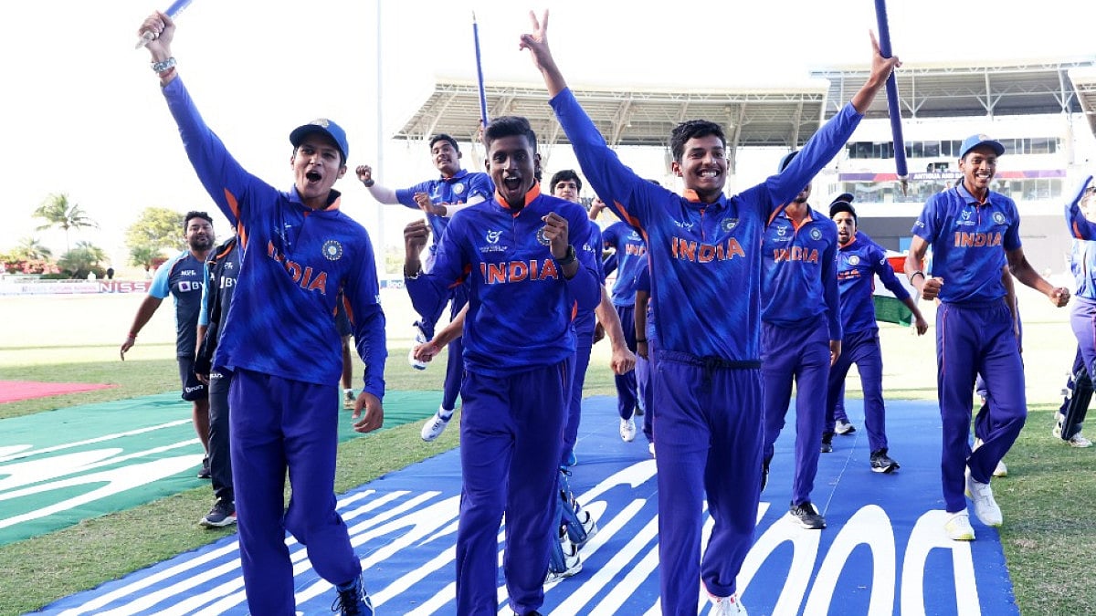 Indian players celebrate after winning the ICC Men's U-19 World Cup 2022 in Antigua on Saturday.