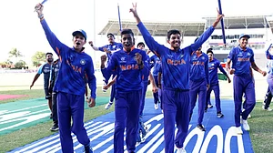 Indian players celebrate after winning the ICC Men's U-19 World Cup 2022 in Antigua on Saturday.
