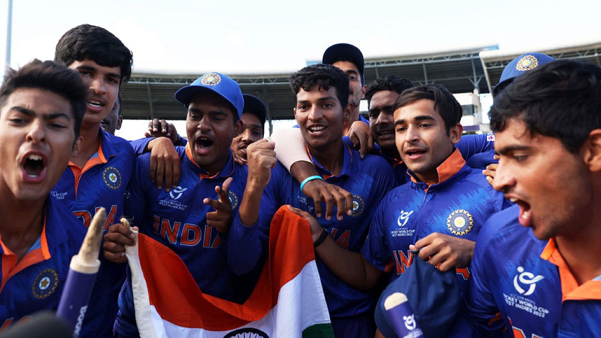 Indian players celebrate after beating England in the final of ICC U-19 World Cup 2022 final. 
