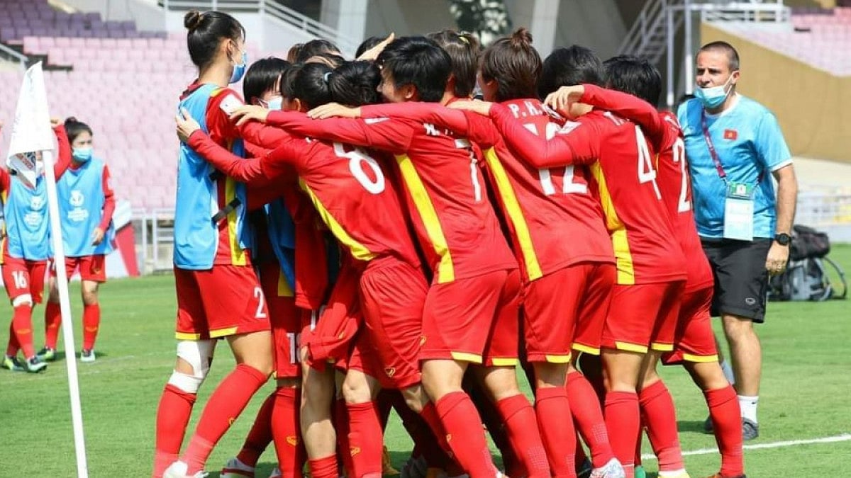 Vietnam players celebrate after scoring one of their two goals against Chinese Taipei. 