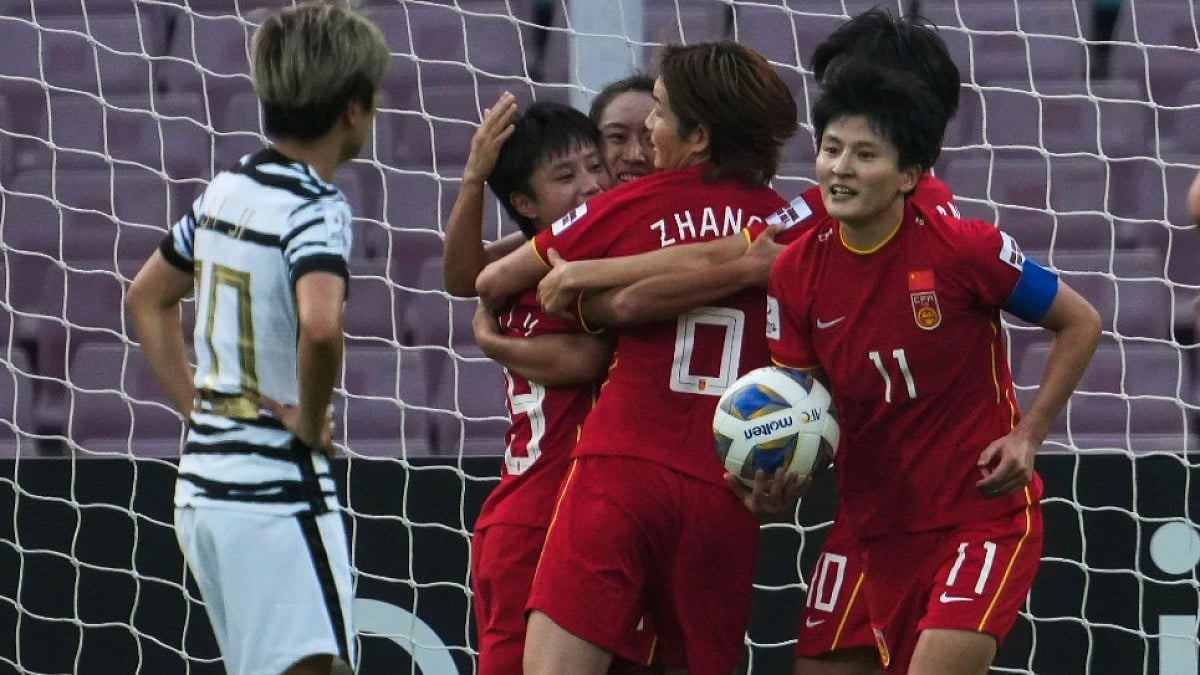 China's Kang Gaae celebrates after scoring against South Korea in AFC Women's Asian Cup 2022 final.