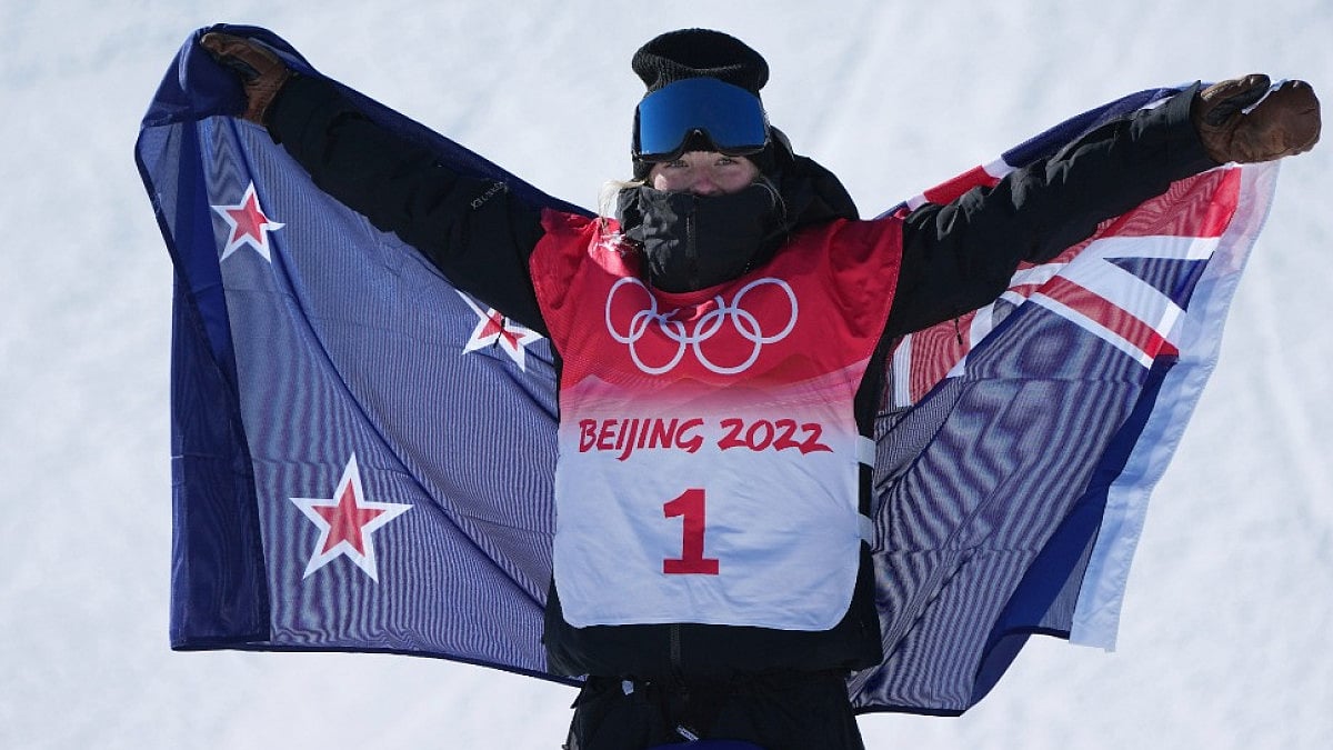 New Zealand's Sadowski Synnott celebrates after winning gold at 2022 Beijing Winter Olympics.