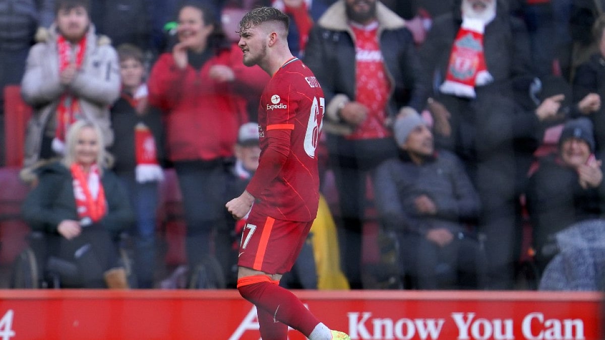 Liverpool's Harvey Elliott celebrates after scoring against Cardiff City in FA Cup 2021-22 .