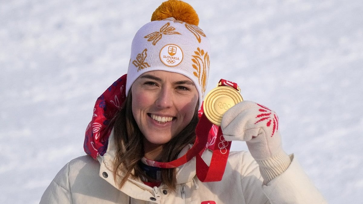 Petra Vlhova celebrates after winning women's slalom gold at the 2022 Beijing Winter Olympics.