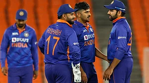 Indian players celebrate the fall of a West Indies wicket in the second ODI on Wednesday.