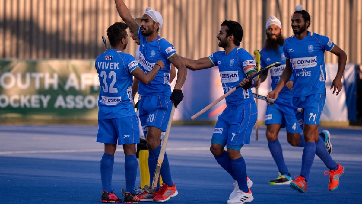 India's Jugraj Singh celebrates after scoring against South Africa in FIH Pro League 2021-22.