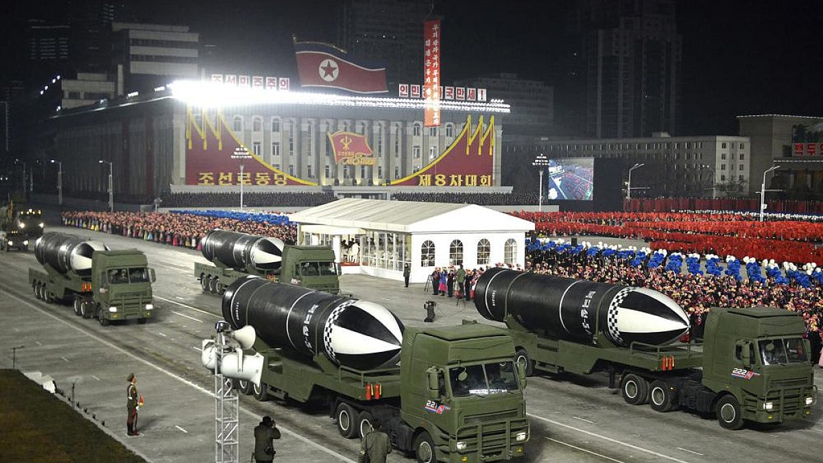 North Korean government shows missiles during a military parade.