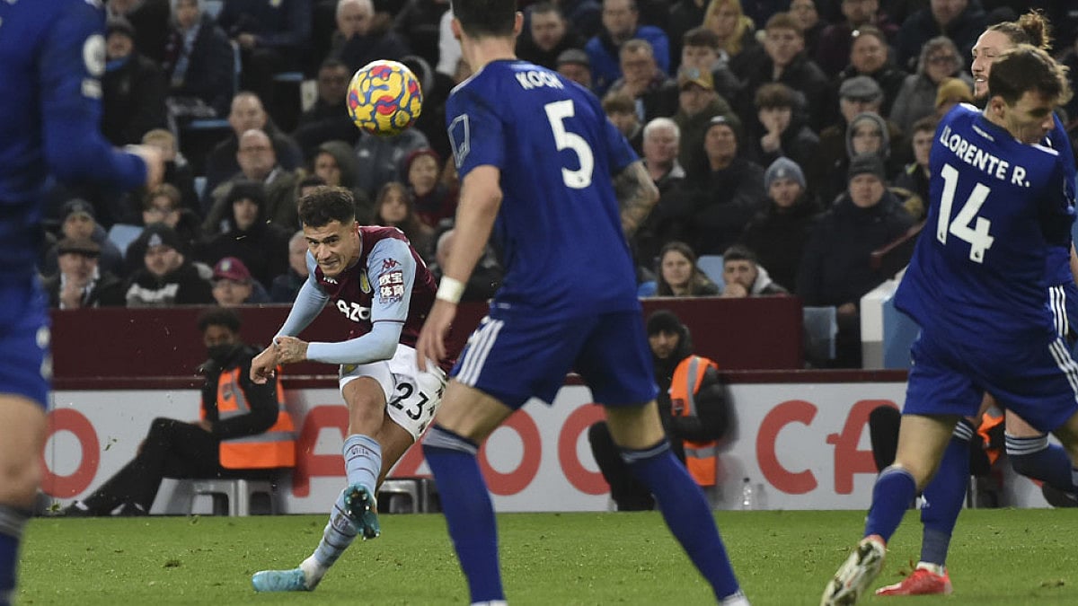 Aston Villa's Philippe Coutinho kicks the ball during their EPL match against Leeds United.