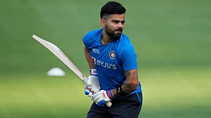 Virat Kohli shadow practices during India's training session in Ahmedabad.