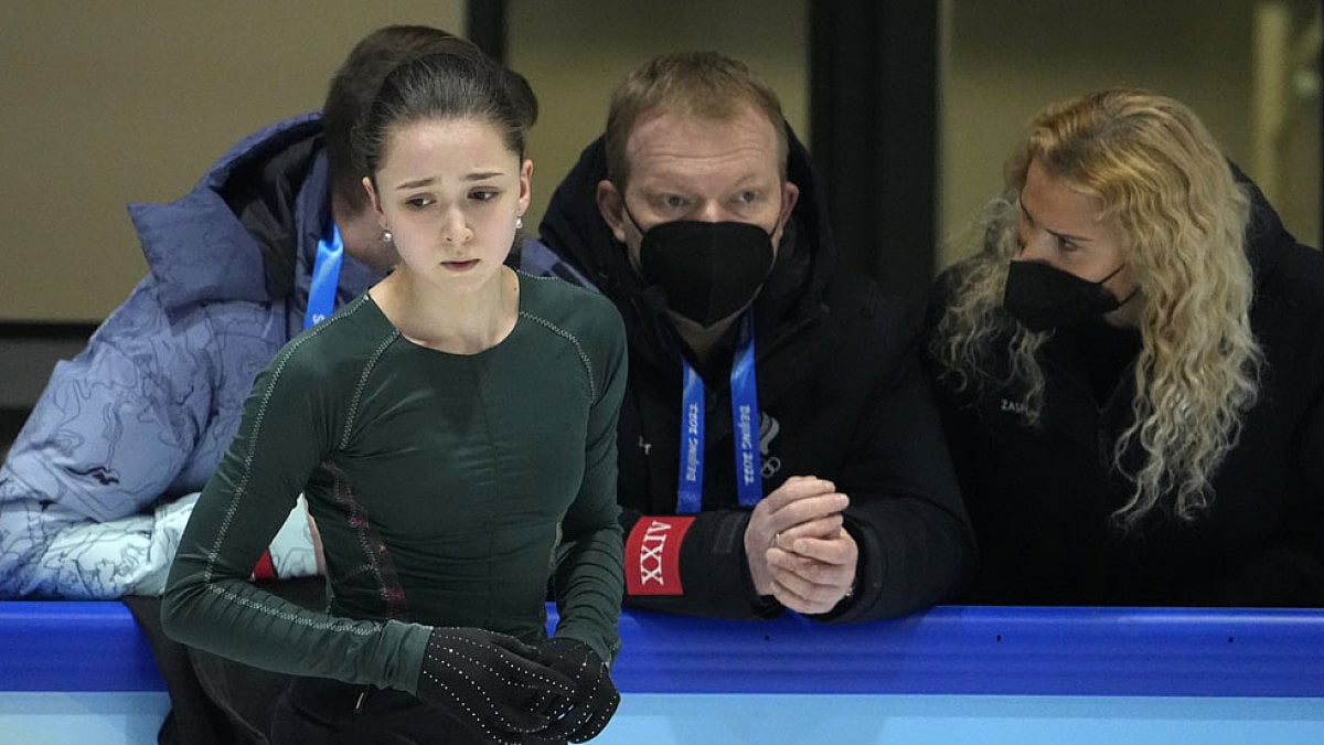 Kamila Valieva, of the Russian Olympic Committee, trains at the 2022 Winter Olympics.