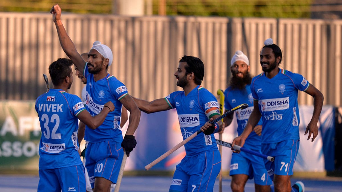 Jugraj Singh, second from left, hit scored a hat-trick against South Africa on February 9, 2022.
