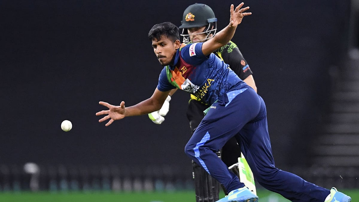 Maheesh Theekshana of Sri Lanka in action 