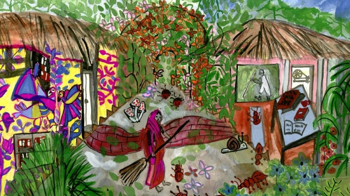 'Every Morning' artwork by Ruchira Gupta depicts Sarita, the woman who swept her dry leaves ever day