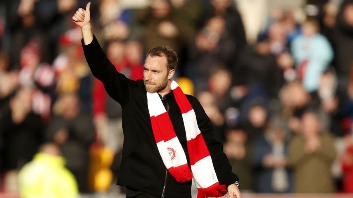 Brentford's Christian Eriksen gestures as he walks at Brentford Community stadium ahead of EPL game.