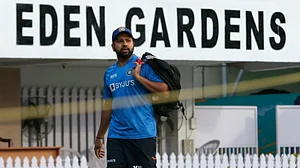 India captain Rohit Sharma at Eden Gardens in Kolkata during the training session on Monday.