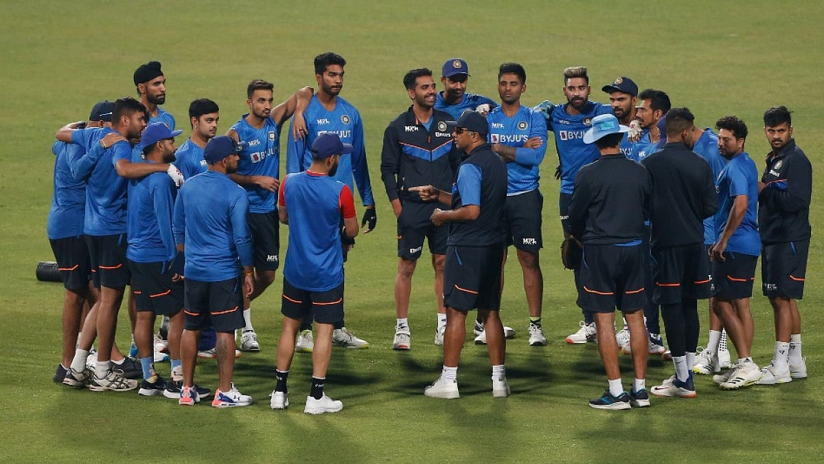 Indian players share a light moment during their training session at Eden Gardens on Monday.  
