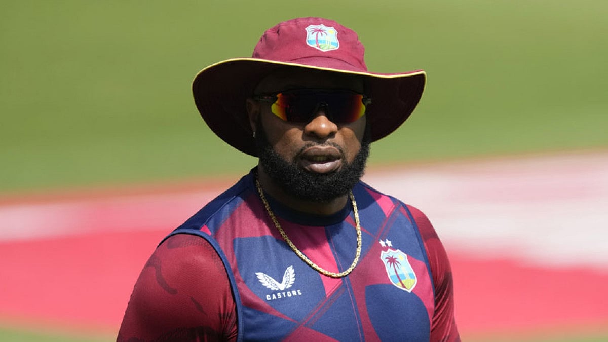 West Indies captain Kieron Pollard looks on during a practice session.
