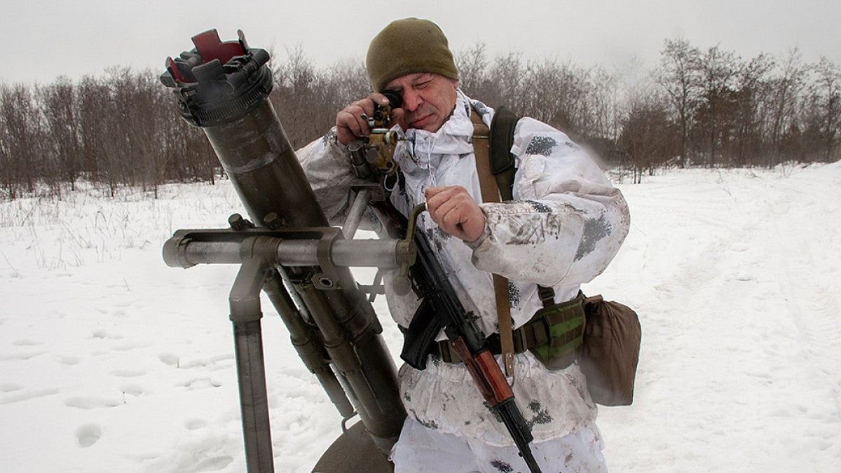 A Ukrainian soldier taking part in military drills as the status of conflict with Russia is volatile