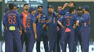 India players celebrate a fall of a West Indies wicket in the first T20I in Kolkata on Wednesday.