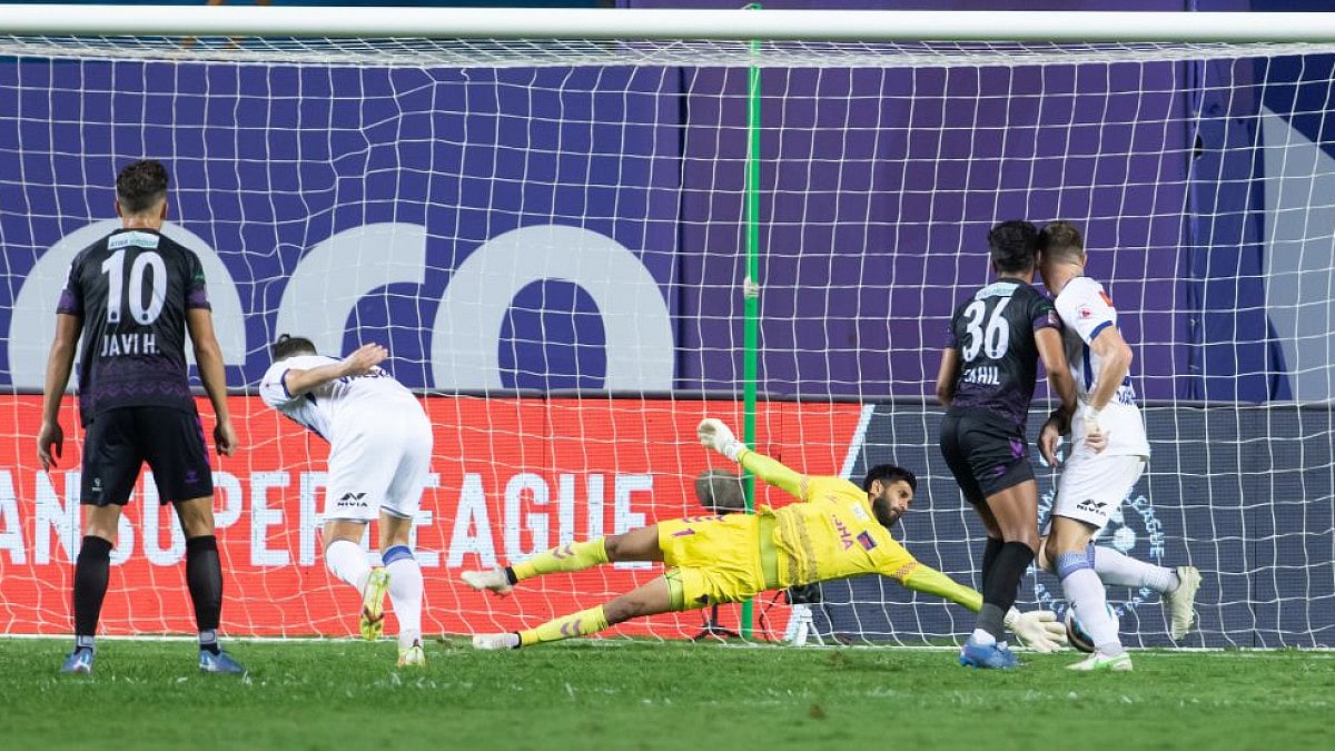 Chennaiyin FC's Nerijus Valskis heads the ball to score a goal on Wednesday.
