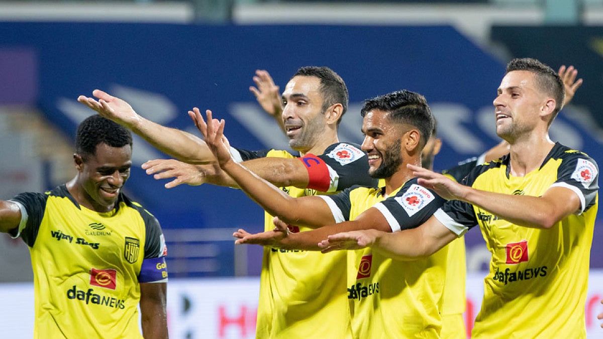 Hyderabad FC players celebrate a Bartholomew Ogbeche goal against FC Goa.