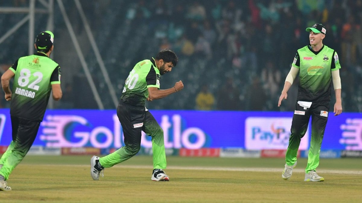 Lahore Qalandars' Haris Rauf  celebrates after taking a Peshawar Zalmi wicket in PSL 2022.