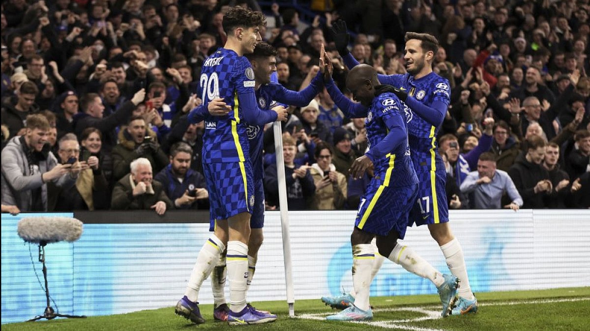 Chelsea players celebrate during their UEFA Champions League game against LOSC Lille on Tuesday.
