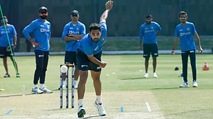 Bhuvneshwar Kumar bowls during India's training session ahead of first T20 against Sri Lanka.