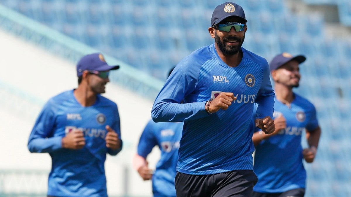 Jasprit Bumrah warms-up during India's training session ahead of first T20 against Sri Lanka.