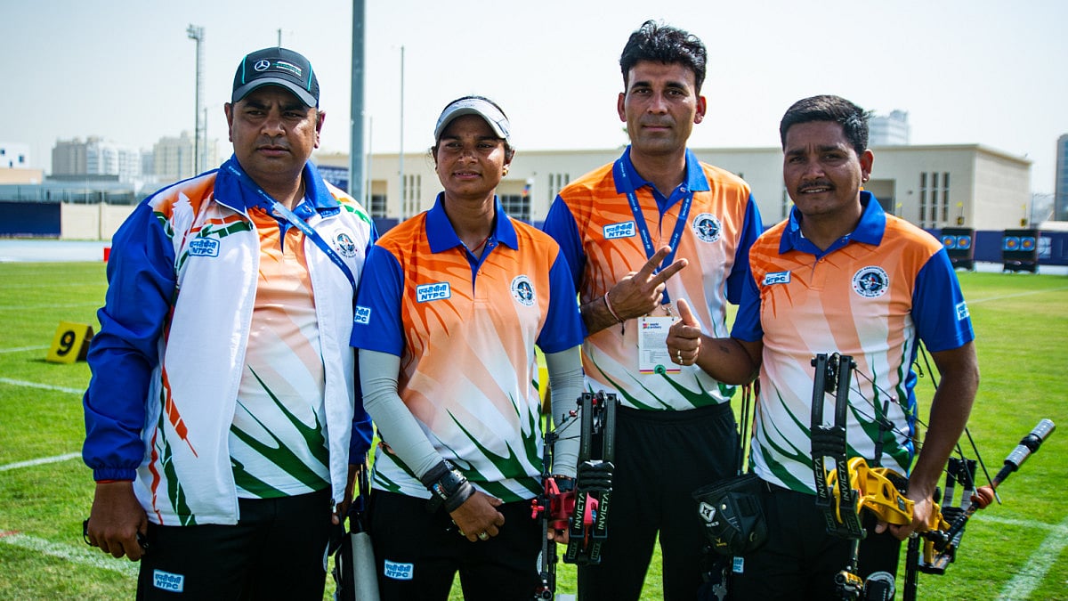 The victorious Indian team after their World Archery Para Championships win against France. 