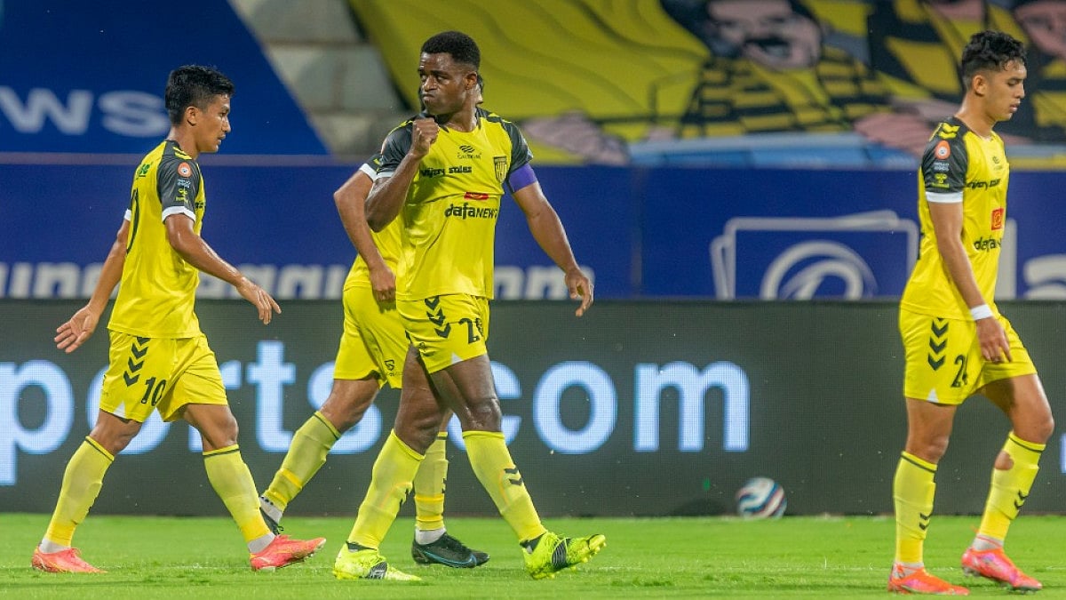 Bartholomew Ogbeche reacts after putting Hyderabad FC in front against Kerala Blasters. 