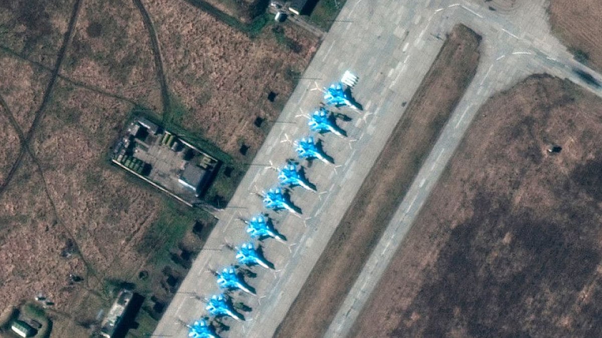 This satellite image provided by Maxar Technologies shows the closer view of new Su-34 fighter deplo