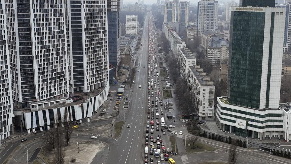 Traffic jams are seen as people leave the city of Kyiv, Ukraine.