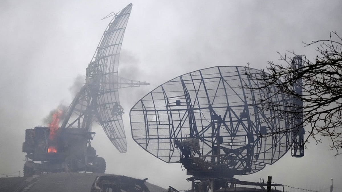 Damaged radar arrays and other equipment is seen at Ukrainian military facility in Ukraine.