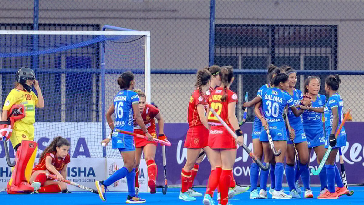 India women hockey players celebrate a goal against Spain during the FIH Pro League match.