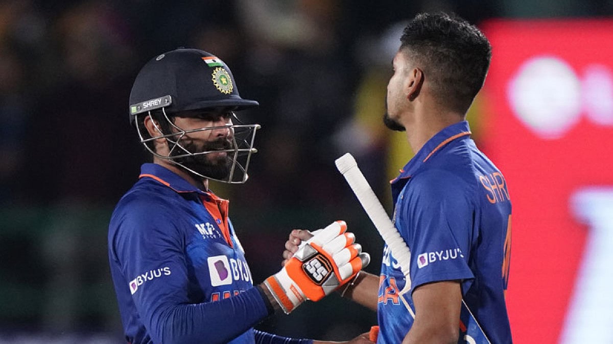 Ravindra Jadeja and Shreyas Iyer after India's win against Sri Lanka in Dharamshala.
