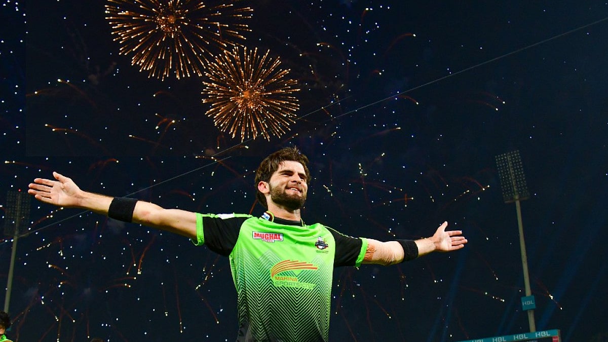 Lahore Qalandars captain Shaheen Shah Afridi celebrates after winning Pakistan Super League 2022.