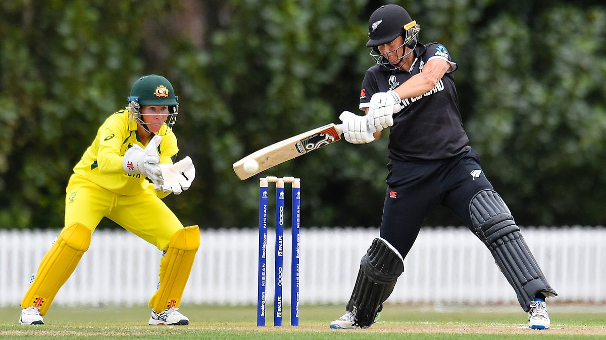 New Zealand's Sophie Devine hits one through the off side vs Australia en route to her 161 not out.