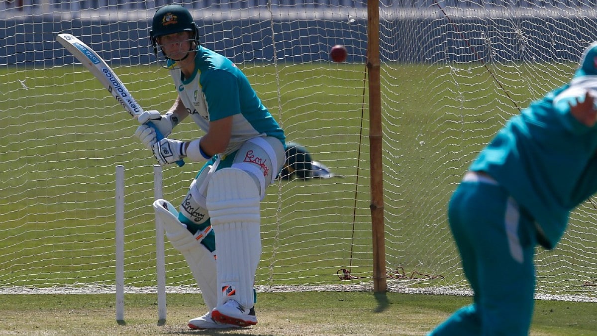 Steve Smith bats during Australia's practice session at the Pindi Cricket Stadium on Tuesday.
