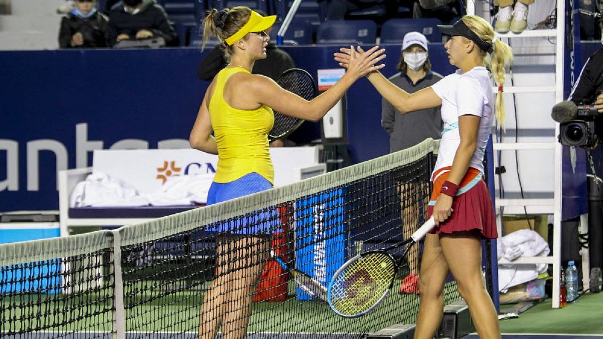 Ukraine’s Elina Svitolina, Russia’s Anastasia Potapova shake hands after match at Monterrey Open.