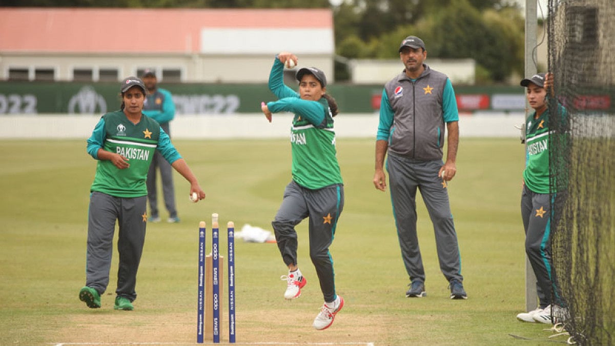 Pakistan women cricketers during a training session at Lincoln, New Zealand on March 1, 2022.