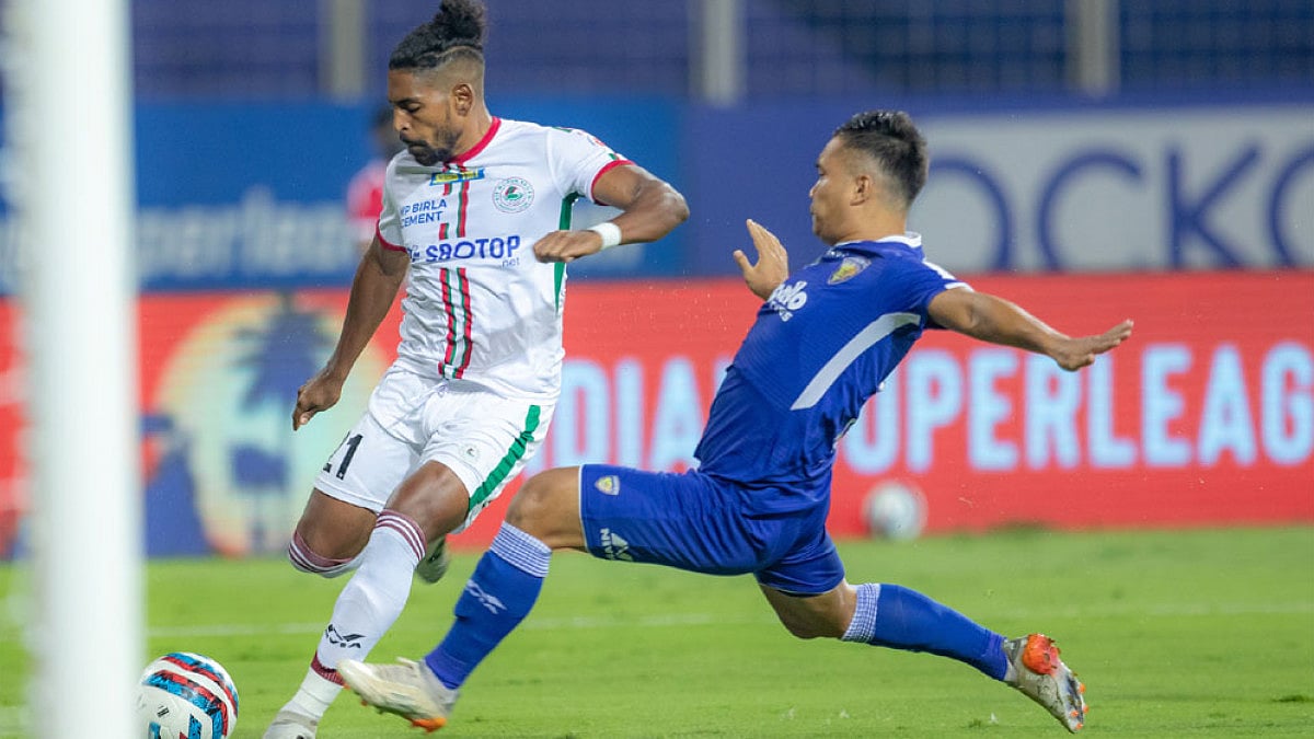 ATK Mohun Bagan's Roy Krishna, left, in action against Chennaiyin FC during their ISL 2021-22 match.