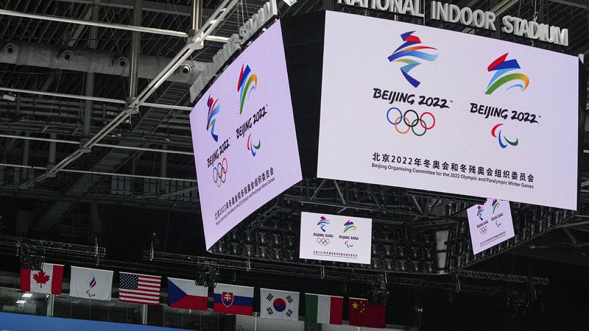 Russia Paralympic Committee flag, second from left, is hung with countries' national flags.