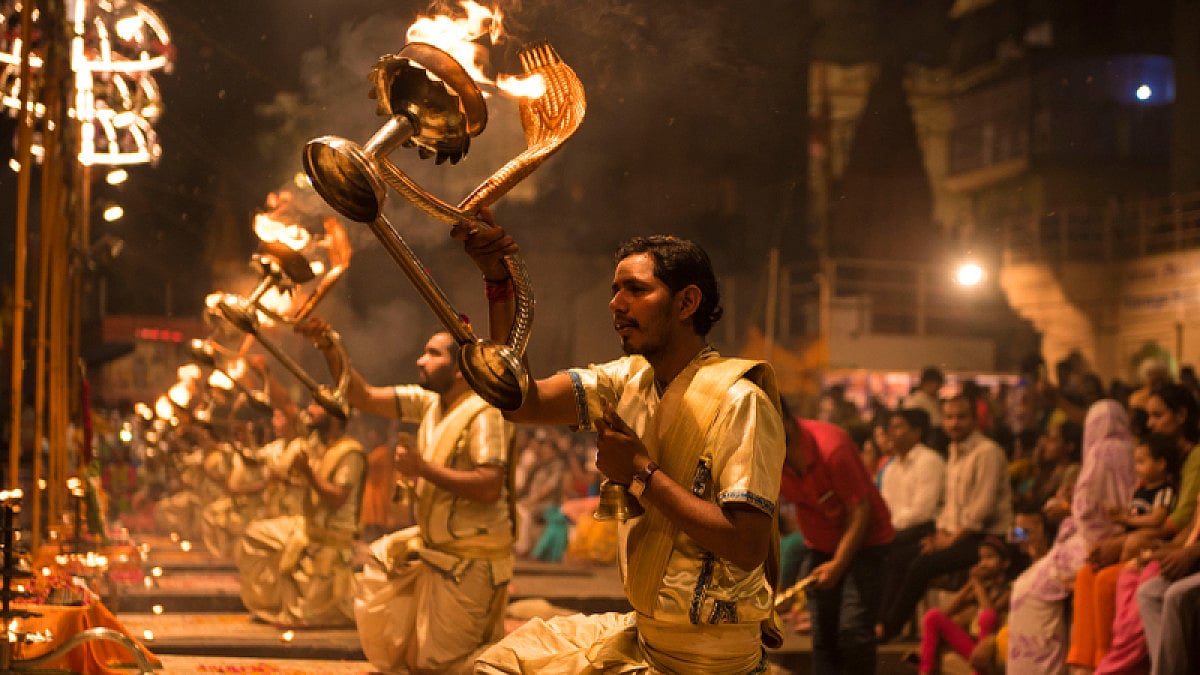 Ganga aarti ceremony at Dashashwamedh Ghat in Varanasi in Uttar Pradesh