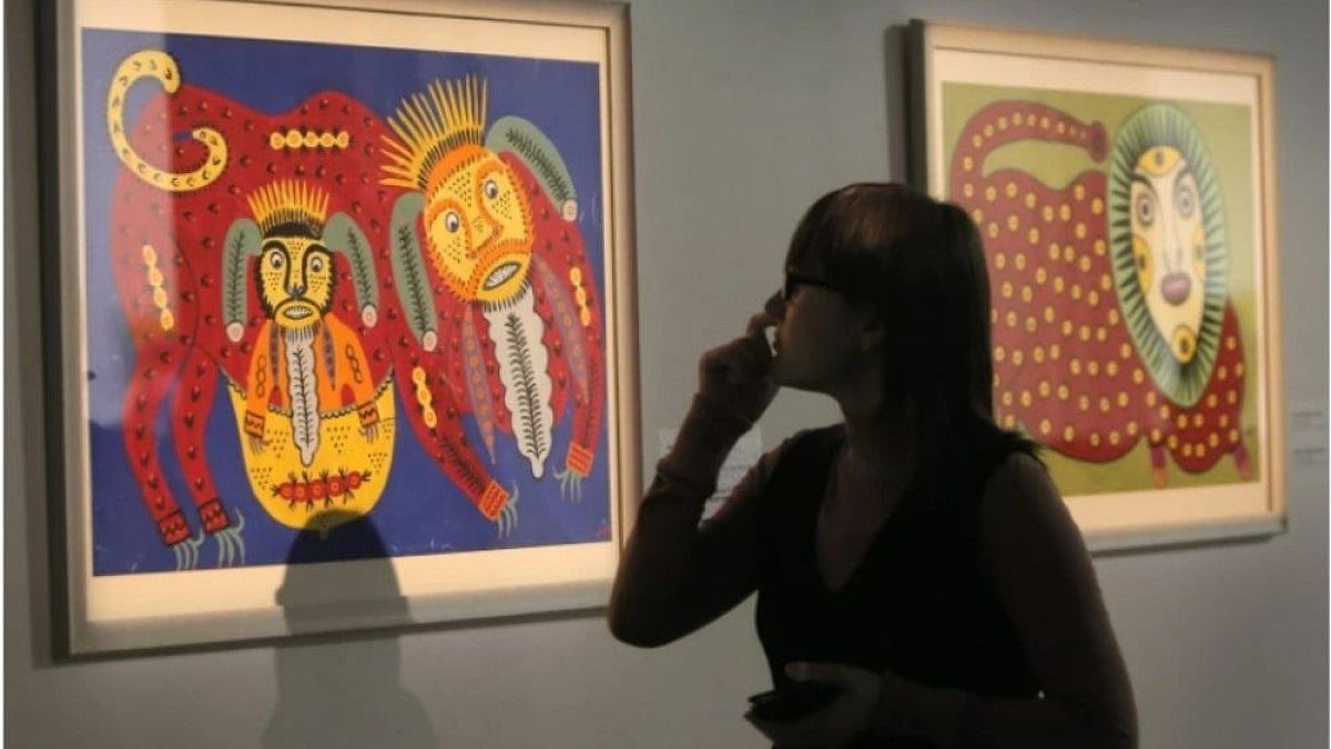 The work of Ukrainian folk art painter Maria Primachenko is displayed in an art gallery in Kyiv.