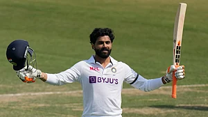 Ravindra Jadeja celebrates after scoring his second Test hundred on Saturday. Get highlights of IND vs SL.
