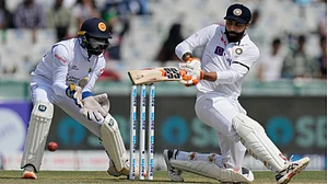 Ravindra Jadeja plays a shot en route to his 175 not out on Day 2 of first Test against Sri Lanka.