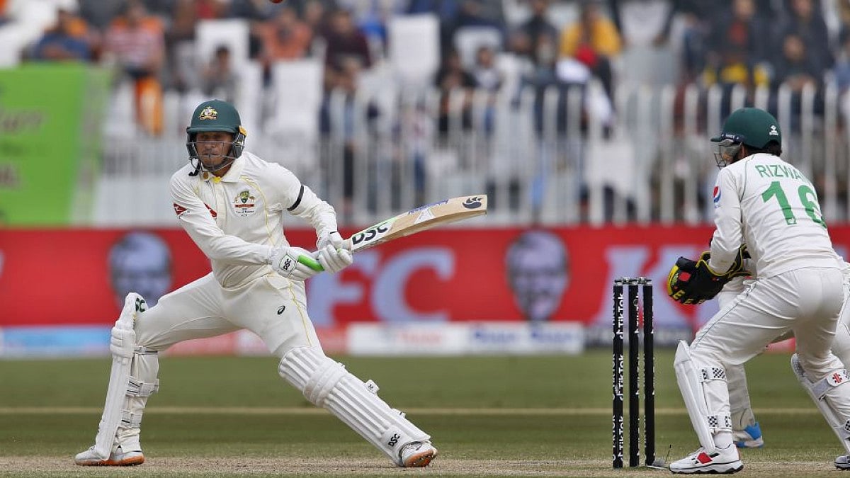 Usman Khawaja plays a shot during 3rd day of 1st Test between Pakistan and Australia at Rawalpindi.
